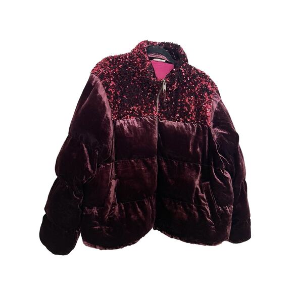 Anthropologie Maeve Coat Vera Sequined Velvet Wine Red Zip Up Puffer Size 2X - Picture 3 of 8